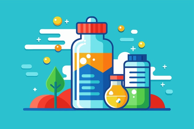A bottle of liquid positioned next to another bottle of liquid showcasing hydration options Hydratation Customizable Semi Flat Illustration