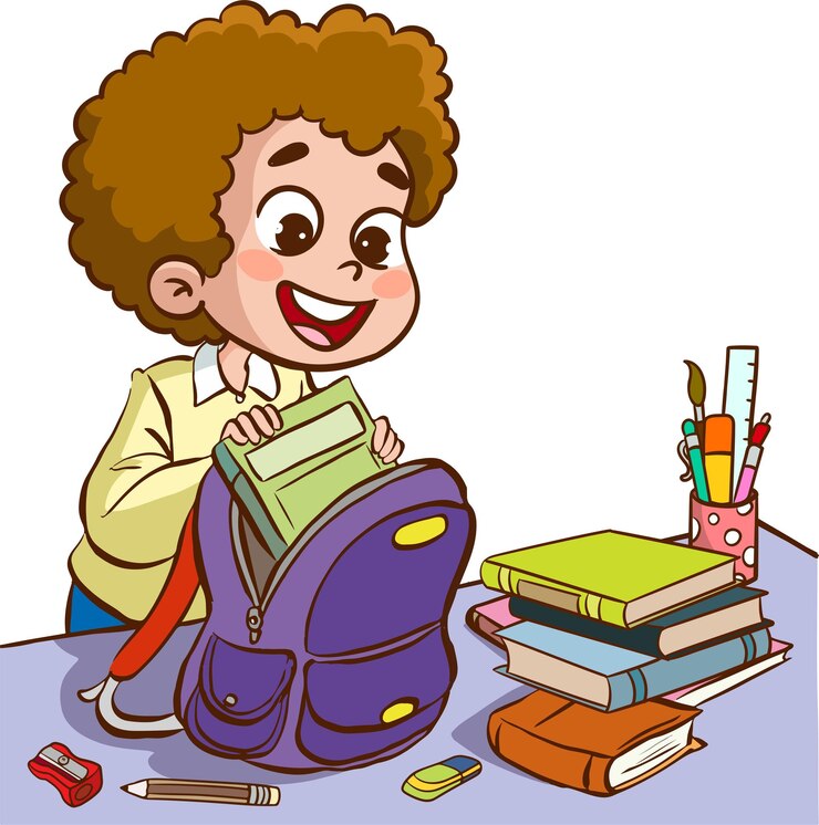 Vector a boy with a backpack and books on the table.