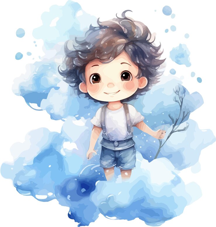 a boy with a tshirt on and a flower in the sky