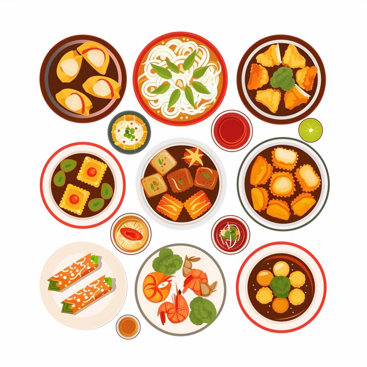 Vector a bunch of food including one that has the word  veggie  on it