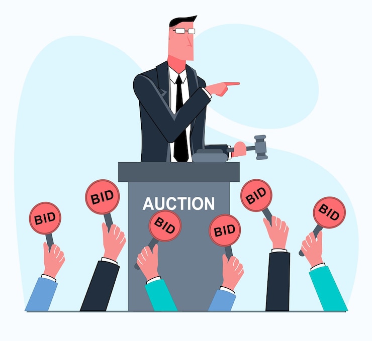 Vector a businessman holds an auction people hold bidding signs flat vector illustration