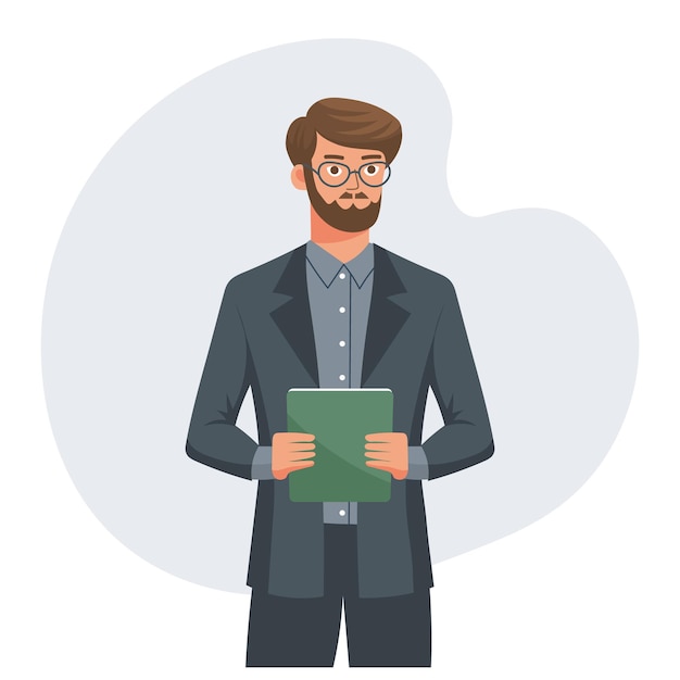 a businessman in a business suit with a gadget in his hands illustration in flat style