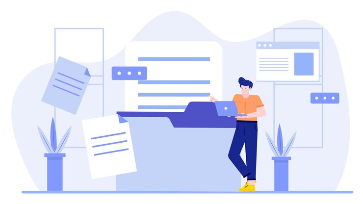 Vector a businessman is managing documents and files at the office
