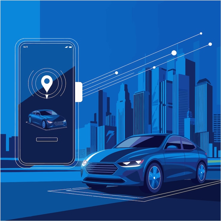 Vector a car with a smart phone and a city in the background