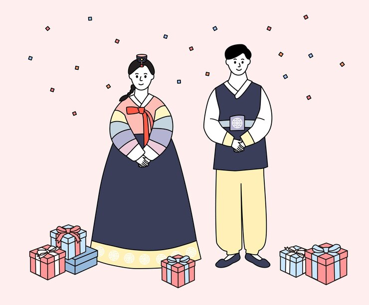 A card where a man and a woman in hanbok say New Year's greetings illustration set