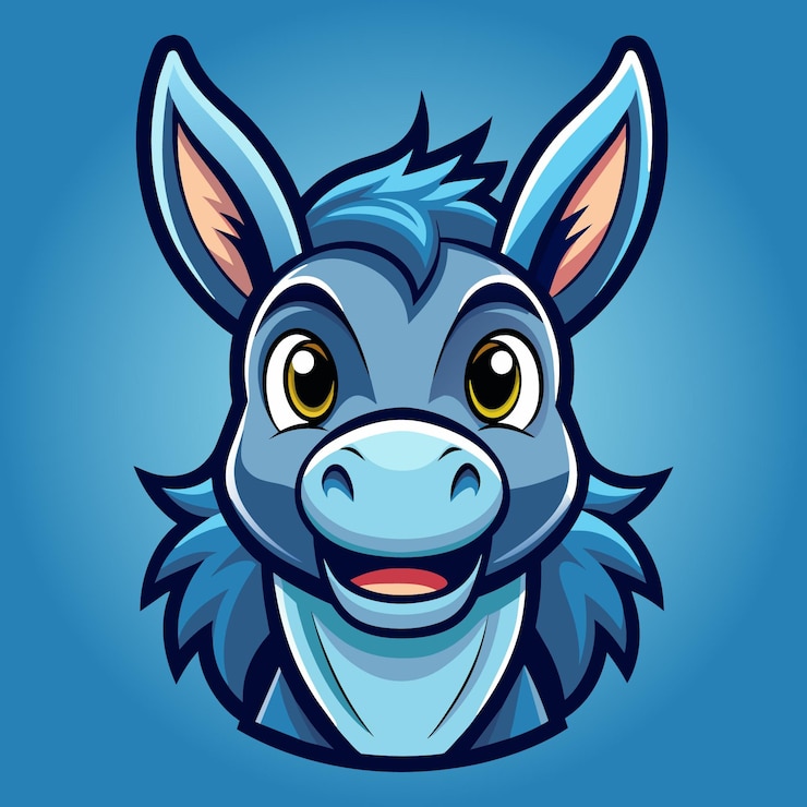 A cartoon drawing of a donkey with a blue background