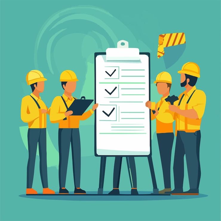 Vector a cartoon drawing of a group of men working with a checklist on it