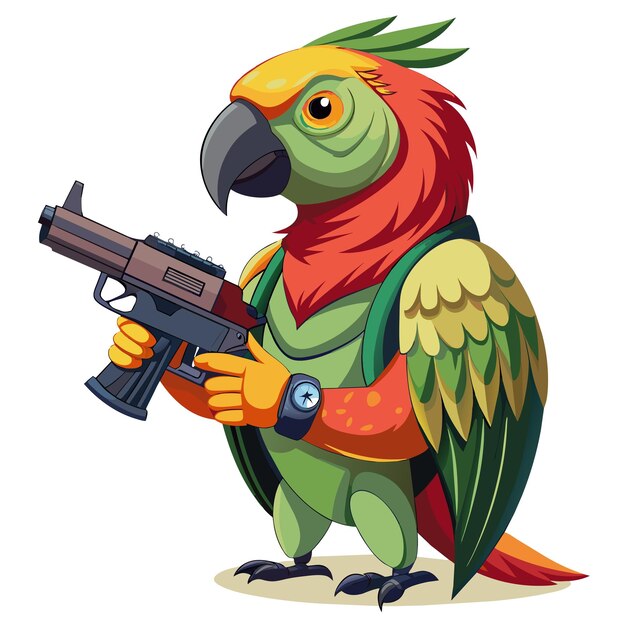 a cartoon drawing of a parrot holding a gun