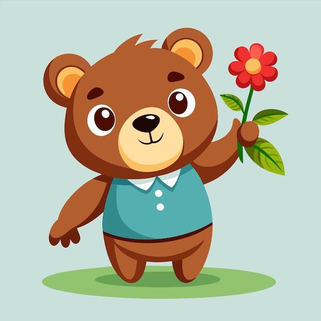 a cartoon drawing of a teddy bear holding a flower
