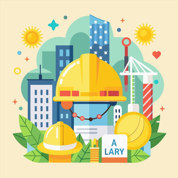 Vector a cartoon illustration of a city with a yellow helmet and the word  yay