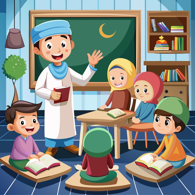 Vector a cartoon illustration of children reading a book with the word school on it