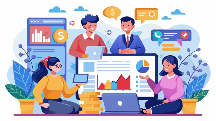 Vector a cartoon illustration of people working with a chart that says financial data