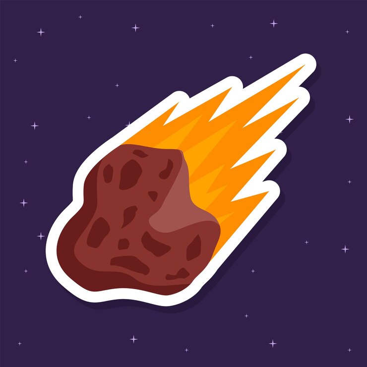 Vector a cartoon meteor with a white tail and a red tail is on a dark purple background.