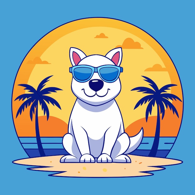 a cartoon of a dog wearing sunglasses and a sun set with palm trees in the background