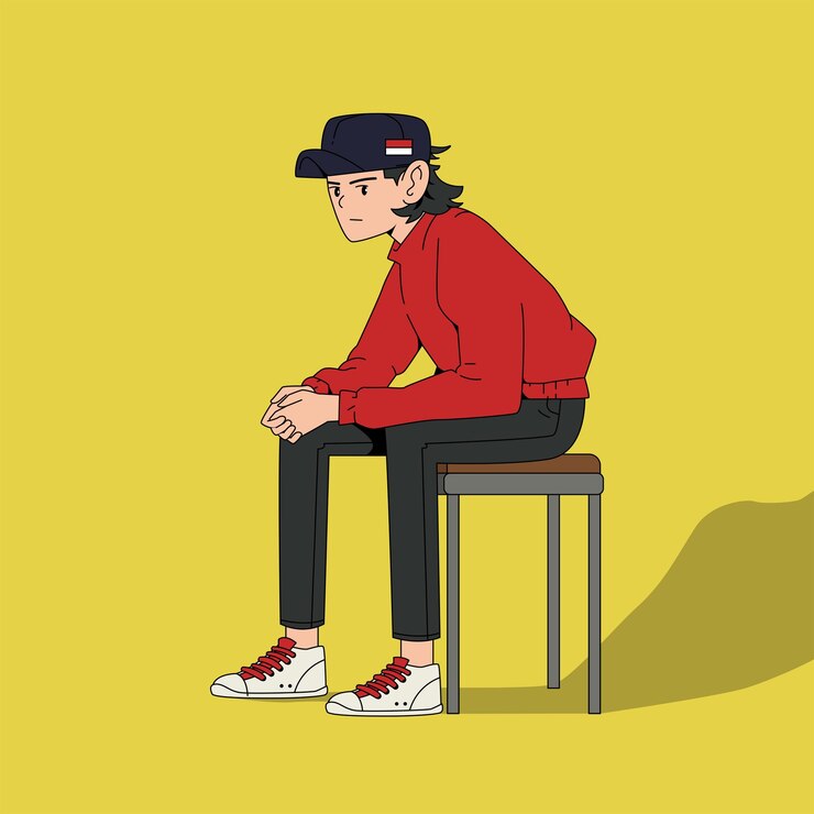 a cartoon of a man sitting on a stool with his hands on his hips