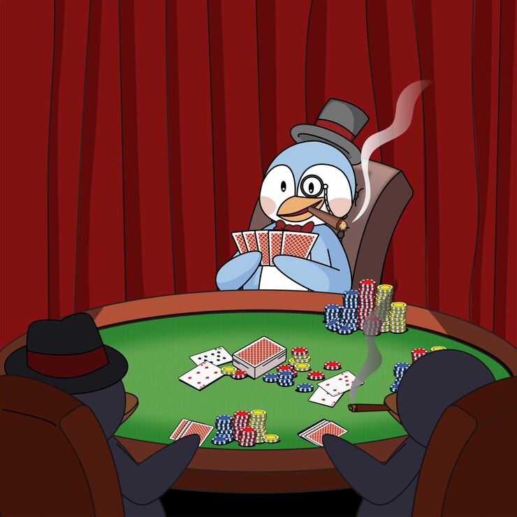 a cartoon of a penguin playing poker with his friends