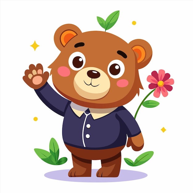 a cartoon of a teddy bear waving with a flower in the background