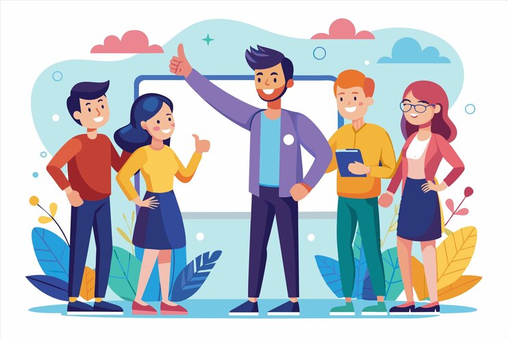 Vector a cartoon of people with one of them holding a tablet and the other with the other with the other pe