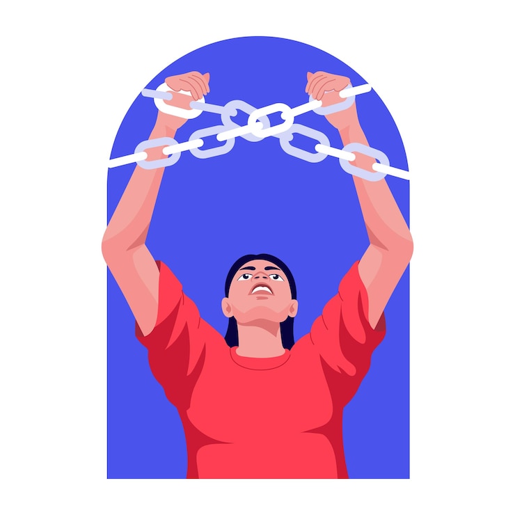 Vector a character breaking chains depicting freedom flat illustration