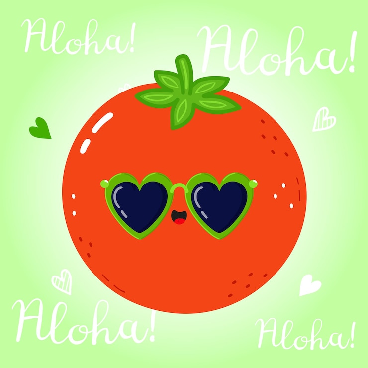 Vector a cheerful cartoon tomato with heartshaped sunglasses says aloha perfect for summer greetings