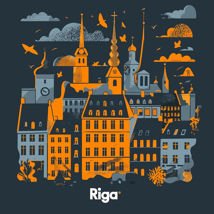 Vector a cityscape with a clock tower and a church