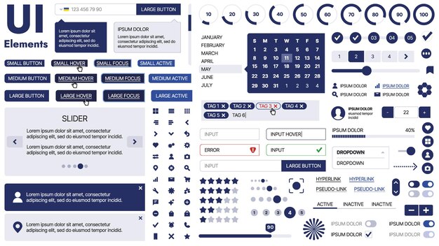 A clean and responsive template with UI elements menu icons and checkboxes ideal for a business or social media page Horizontal layout with simple shapes