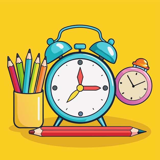 a clock with a blue face and a cup of pencils next to it