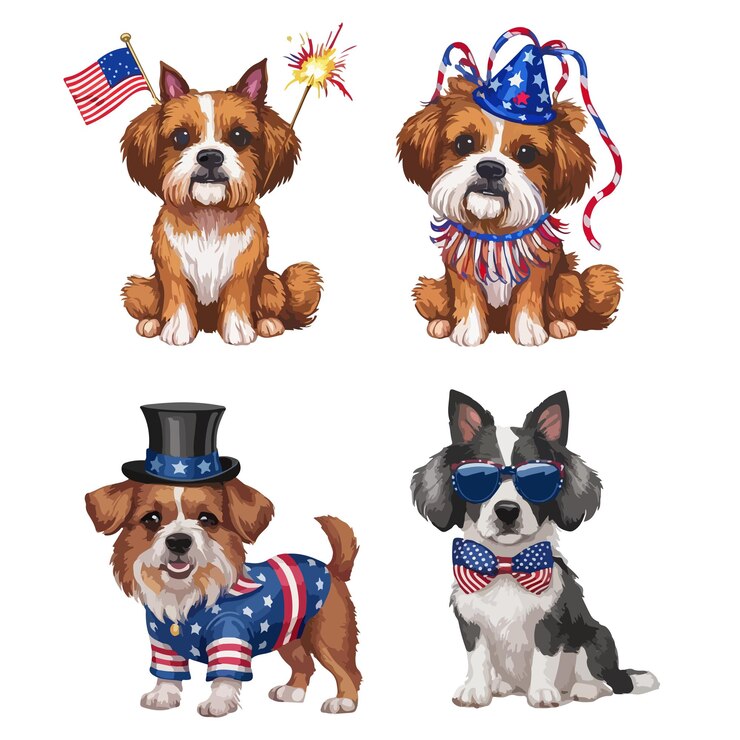 a collage of dogs wearing a patriotic outfit and a hat with the american flag on it