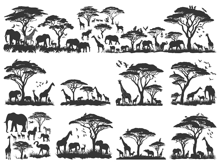 Vector a collection of animals and trees from the wild animal kingdom