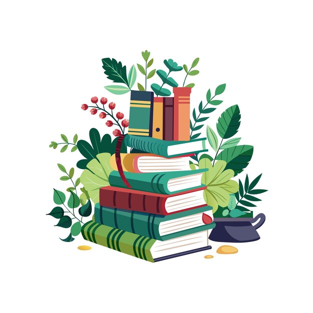 a collection of books with a green background and a picture of a book with a green leaf and red berries
