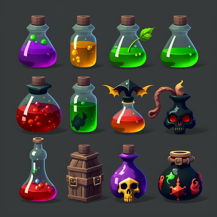 Vector a collection of bottles with different potions including a bat, bat, bat, bat, bat, bat, bat, bat, bat, bat, bat, bat, bat, bat,