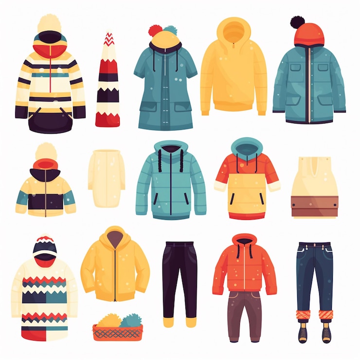 Vector a collection of childrens clothing including one that has a hat on it