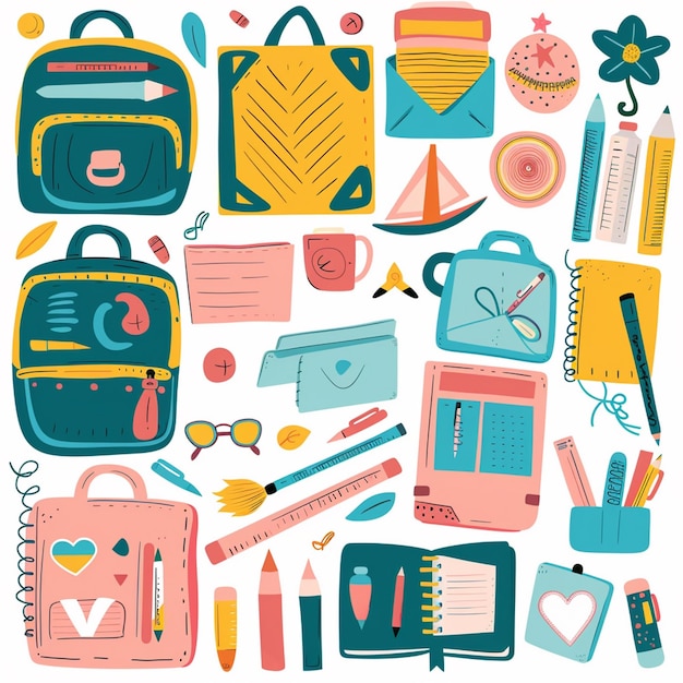 a collection of colorful items including a bag a purse and a purse