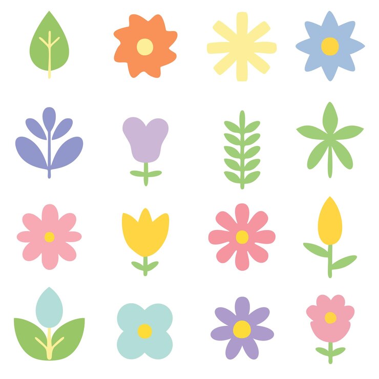 a collection of different flowers and leaves