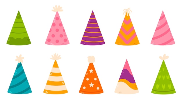 A collection of ten festive party hats in different colors and patterns Perfect for birthday party