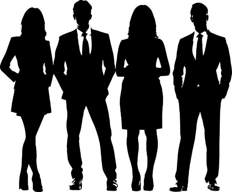 A collection of twelve business professional silhouettes showcasing diverse male and female figures