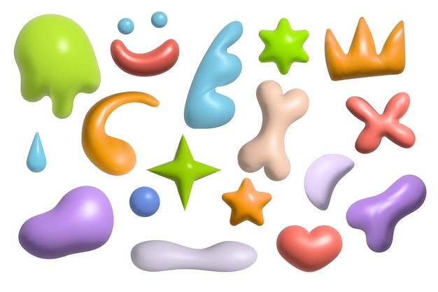 A collection of vector 3D plastic shapes 3D set includes star heart crown bone shapeless elements