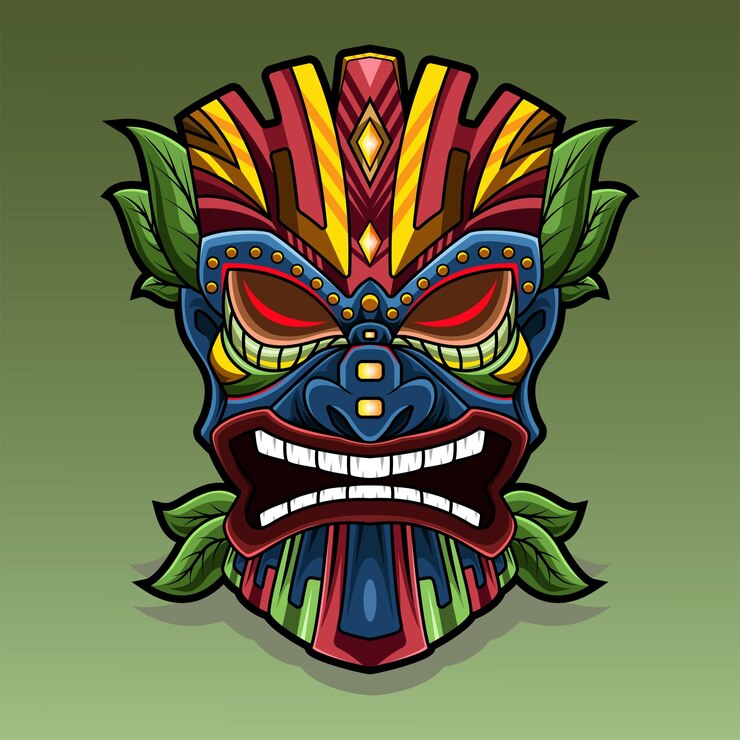 Vector a colorful tiki mask with green leaves on it.