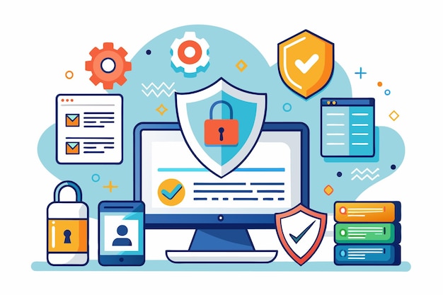 a computer screen displaying a padlock symbol representing online data security online data security solution simple and minimalist flat vector illustration