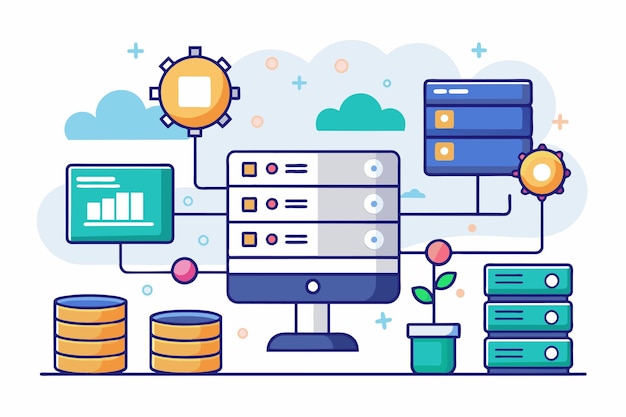 A computer screen filled with a variety of data related to database management system and web hosting Database management system web hosting Simple and minimalist flat Vector Illustration