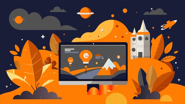 a computer screen with a mountain and a star in the background