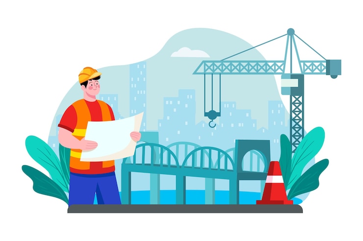 Vector a contractor oversees the construction of a bridge over a major river