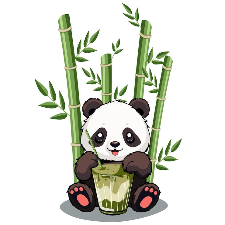Vector a cute cartoon panda drinks greens matcha from a glass through a straw on a background of bamboo
