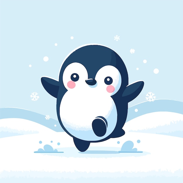 A cute cartoon penguin dancing joyfully on a snowy landscape