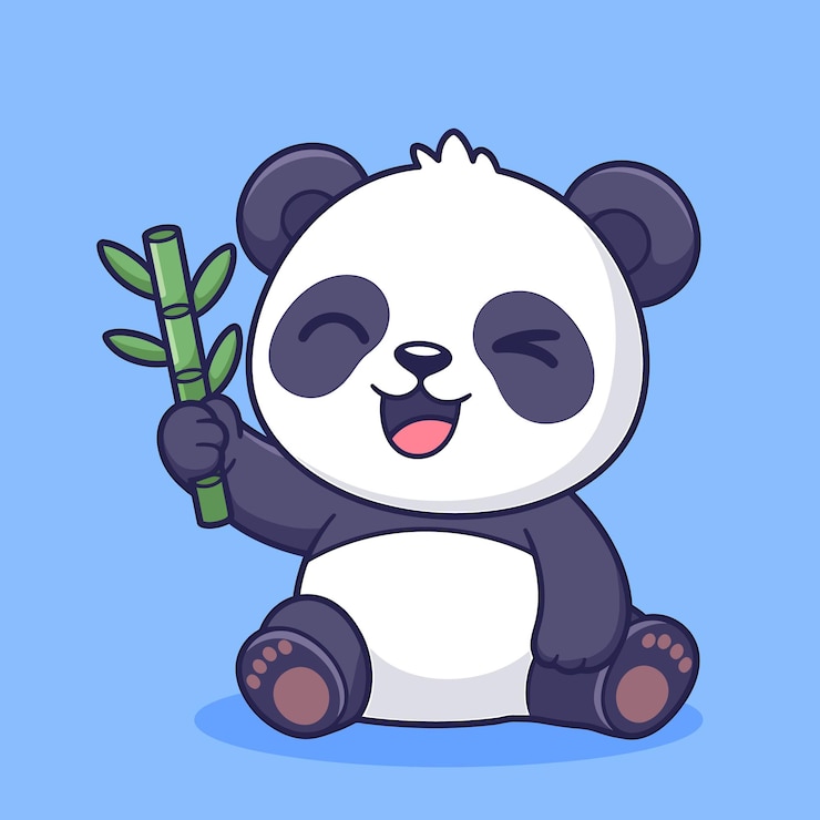 A cute panda is smiling while holding bamboo