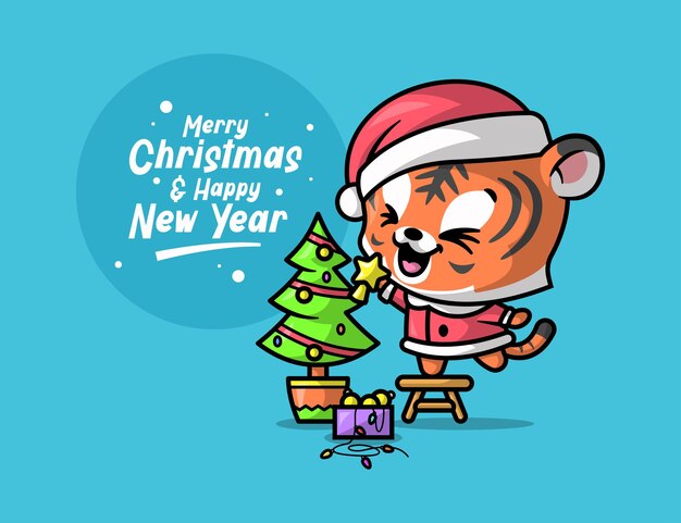 A CUTE TIGER IS DECORATING A CHRISTMAS TREE TO CELEBRATING CHRISTMAS EVE