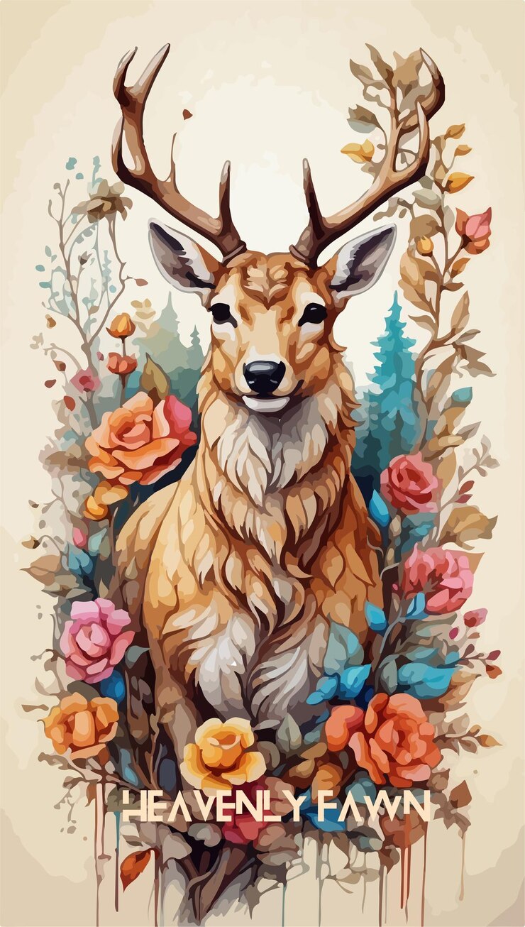 A deer in the woods with flowers and trees illustration