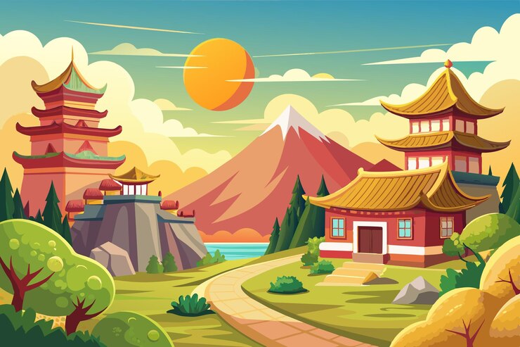 Vector a digital painting of a temple with a mountain in the background