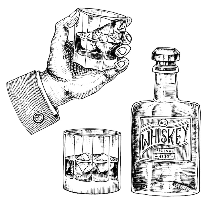 Vector a drawing of a bottle of whiskey and a pack of cigarettes.