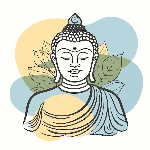 a drawing of a buddha with leaves and a blue background